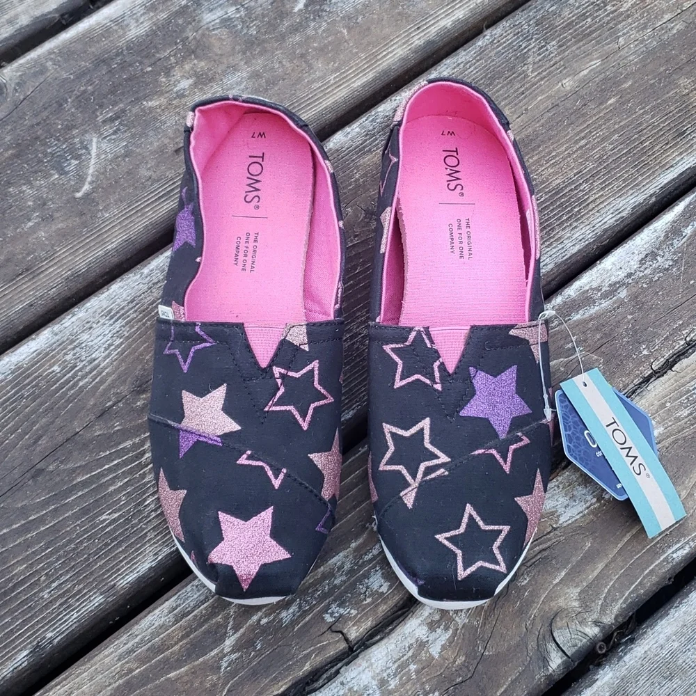 TOMS Black Glitter Stars Canvas Alpargata Slip-On sz 7 Women's Shoes NEW
